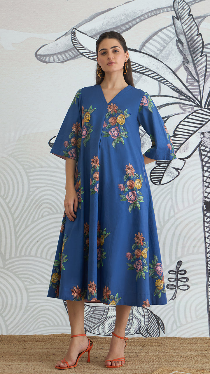 BLUE FLOWER V-NECK LONG DRESS WITH SLEEVES
