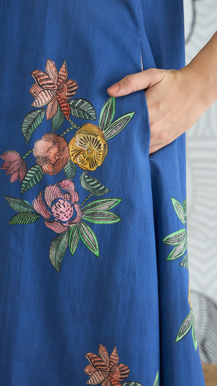 BLUE FLOWER V-NECK LONG DRESS WITH SLEEVES