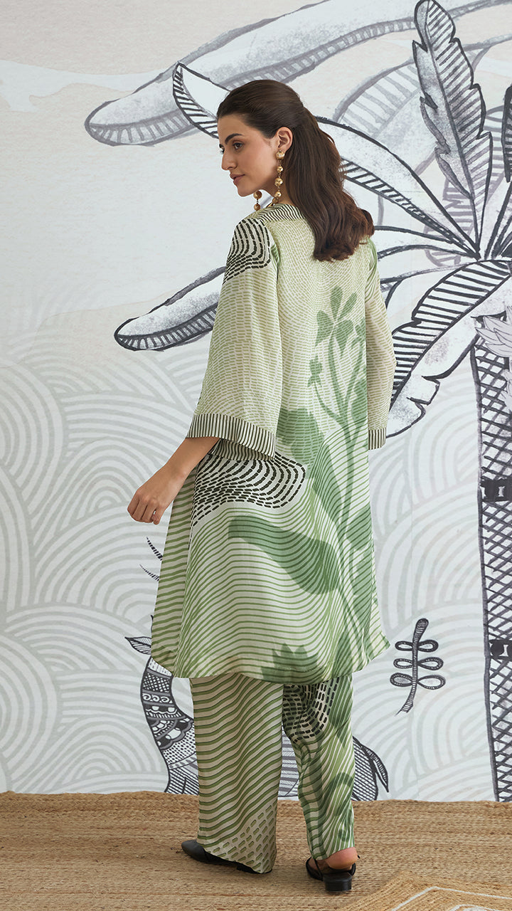 GREEN TEXTURE HIGH LOW TUNIC PANT