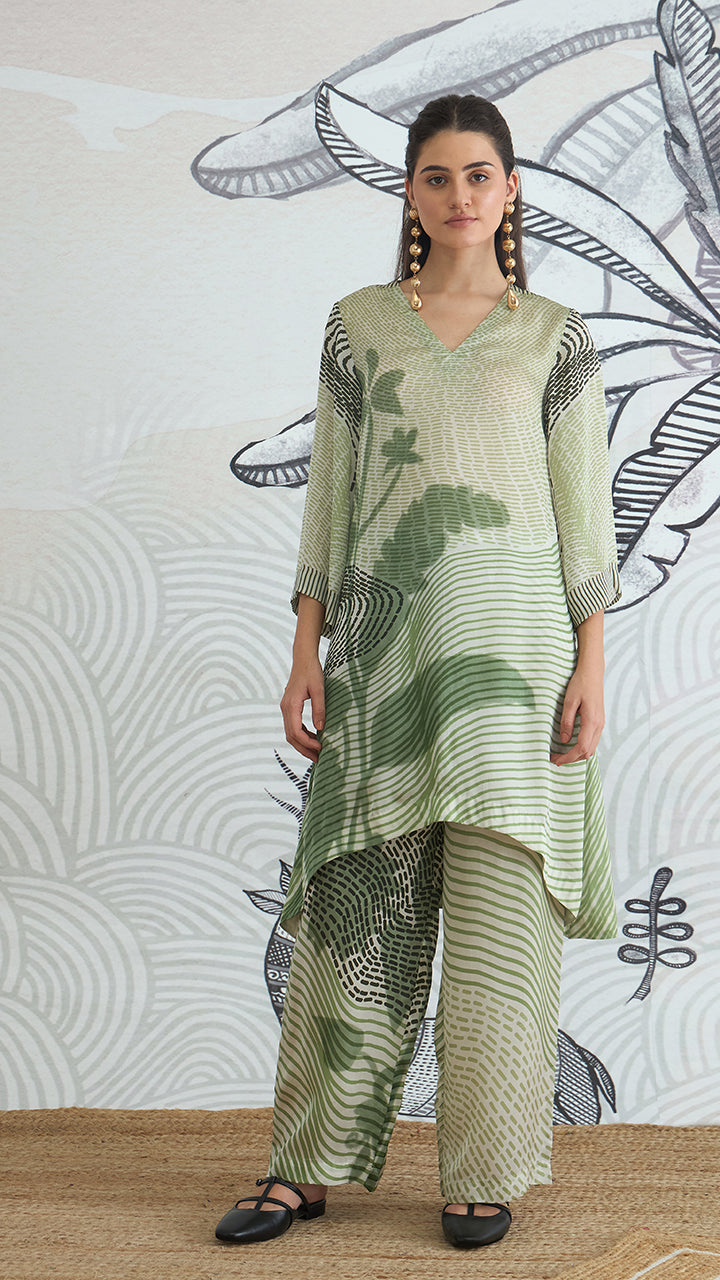 GREEN TEXTURE HIGH LOW TUNIC PANT