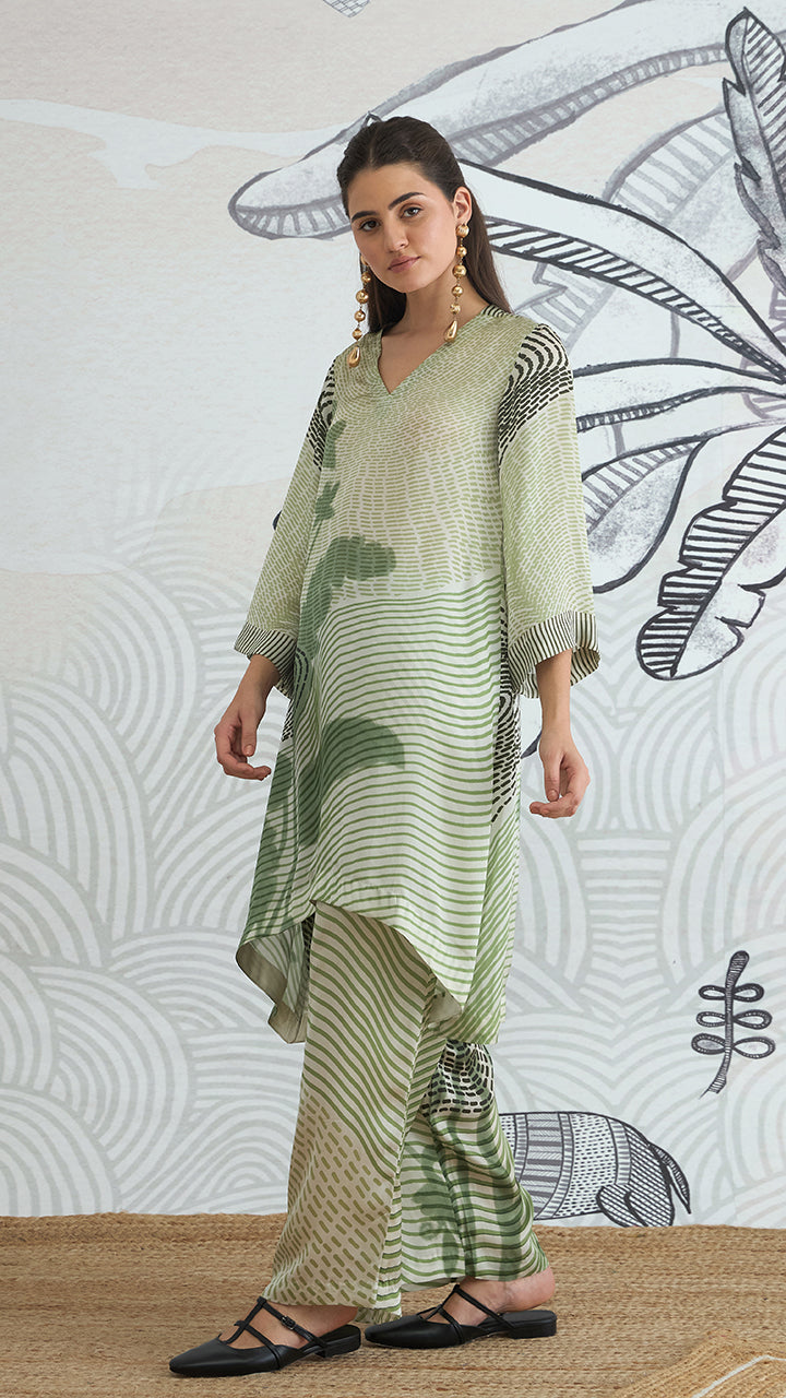 GREEN TEXTURE HIGH LOW TUNIC PANT