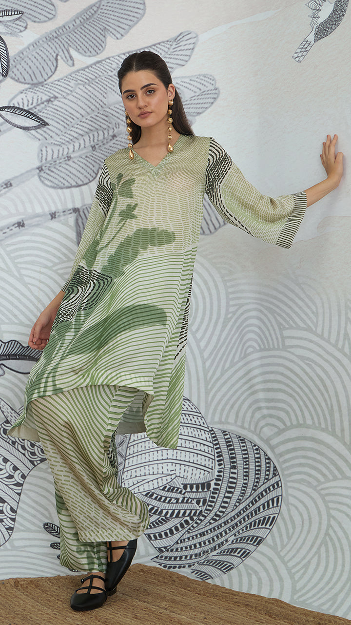 GREEN TEXTURE HIGH LOW TUNIC PANT