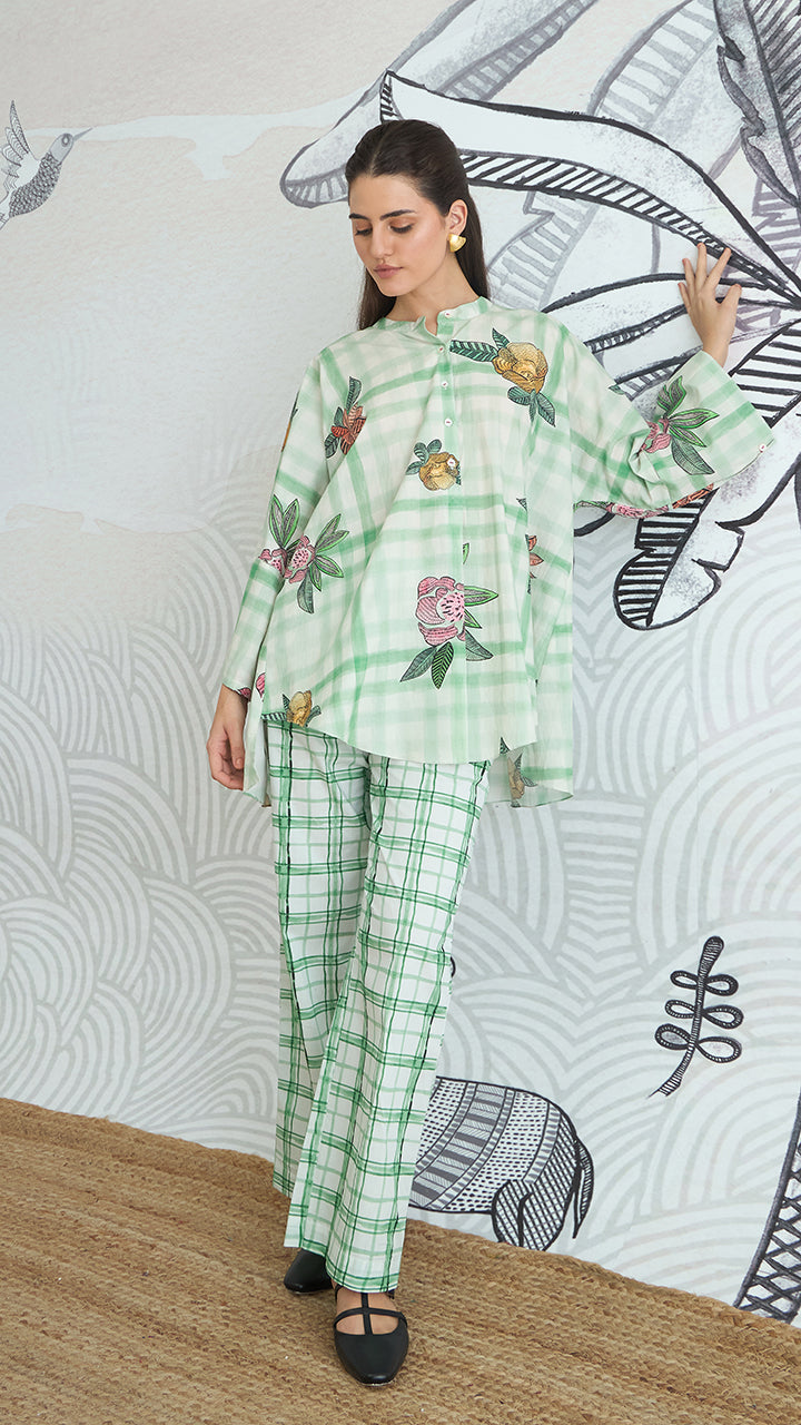 GREEN CHECK FLOWER PLACEMENT GREEN CHECK PANTS