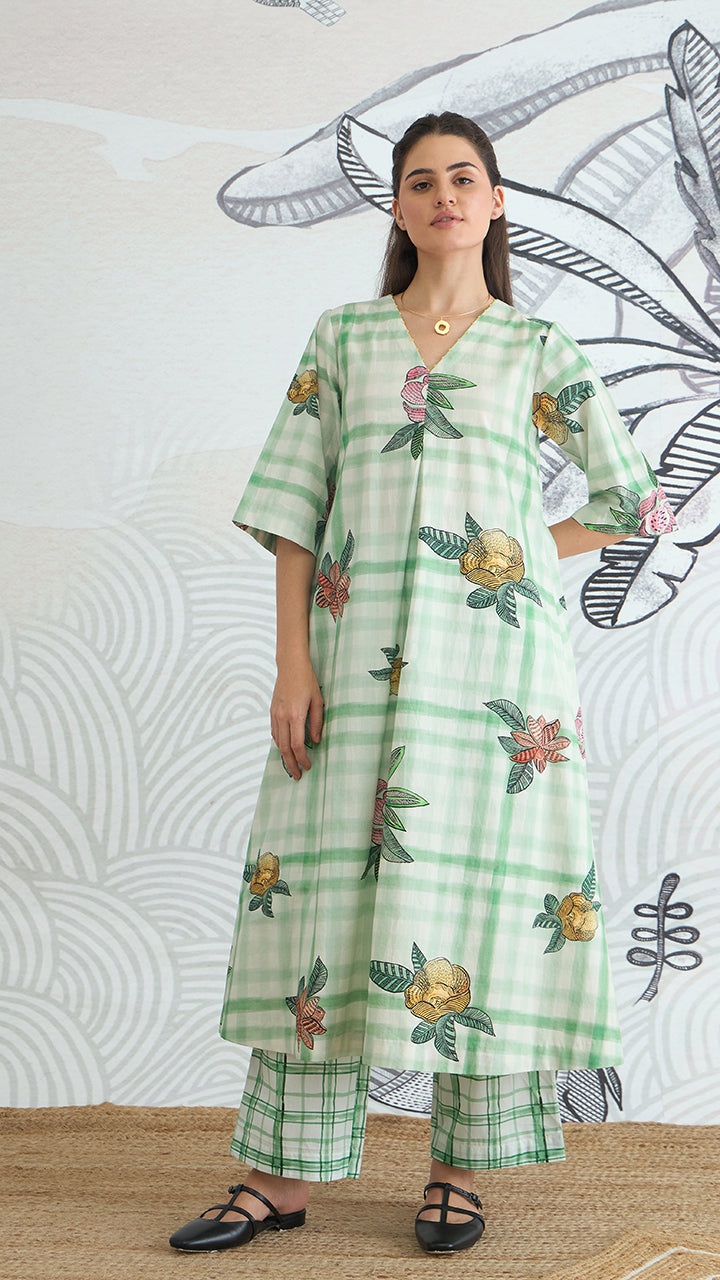 GREEN CHECK FLOWER ALL OVER A-LINE KURTA AND PANTS