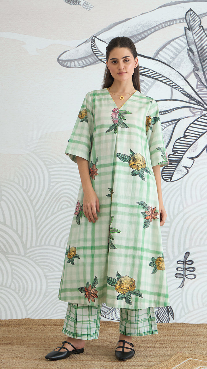 GREEN CHECK FLOWER ALL OVER A-LINE KURTA AND PANTS