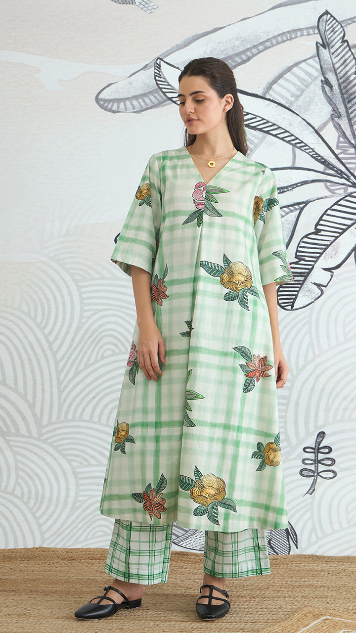 GREEN CHECK FLOWER ALL OVER A-LINE KURTA AND PANTS