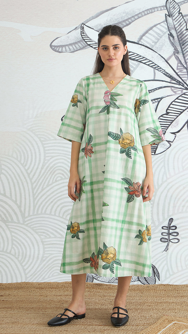GREEN CHECK V-NECK LONG DRESS WITH SLEEVES