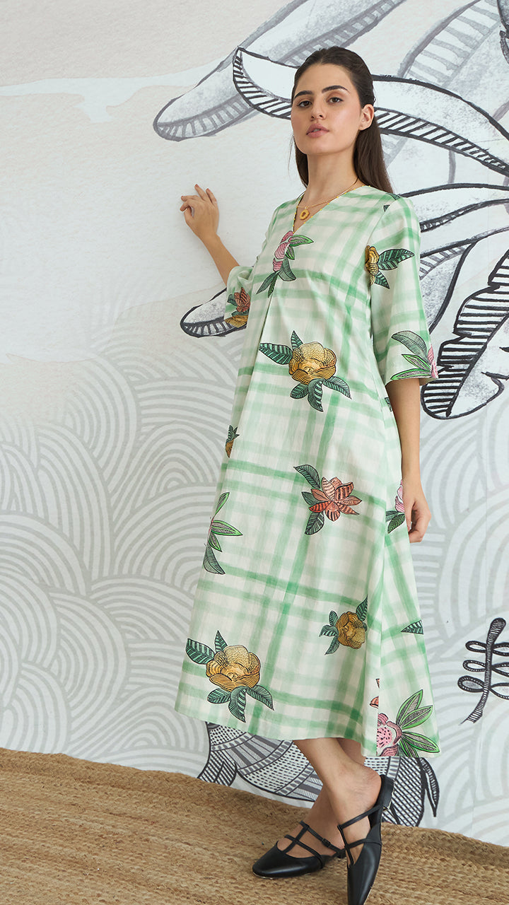 GREEN CHECK V-NECK LONG DRESS WITH SLEEVES