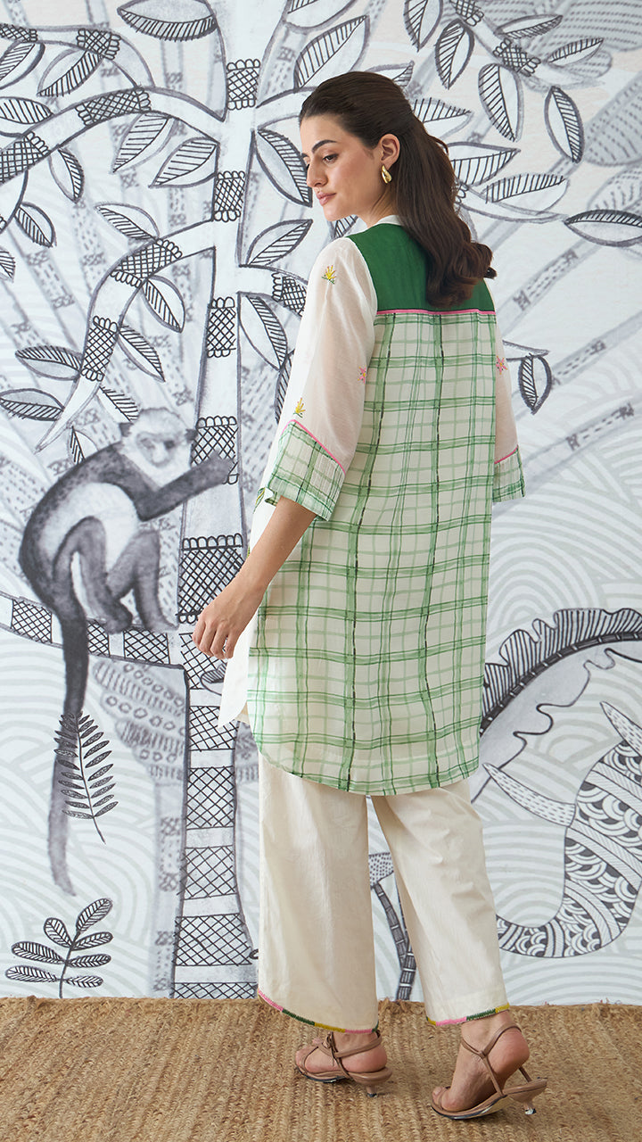 GREEN CHECK EMBEROIDERY SHORT TUNIC