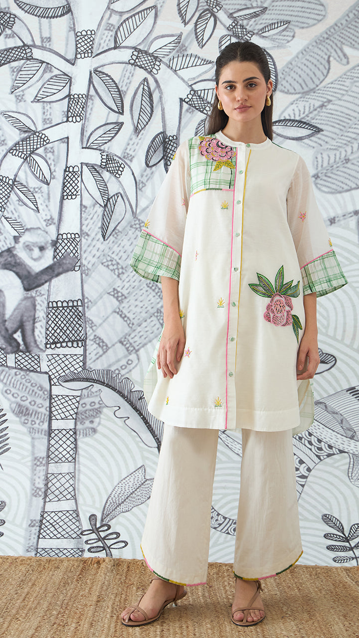 GREEN CHECK EMBEROIDERY SHORT TUNIC AND PANTS