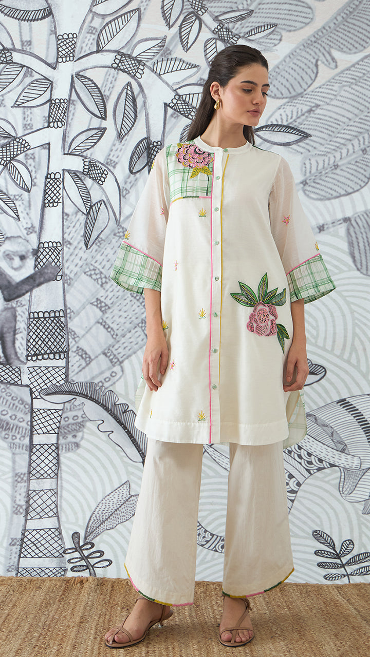 GREEN CHECK EMBEROIDERY SHORT TUNIC