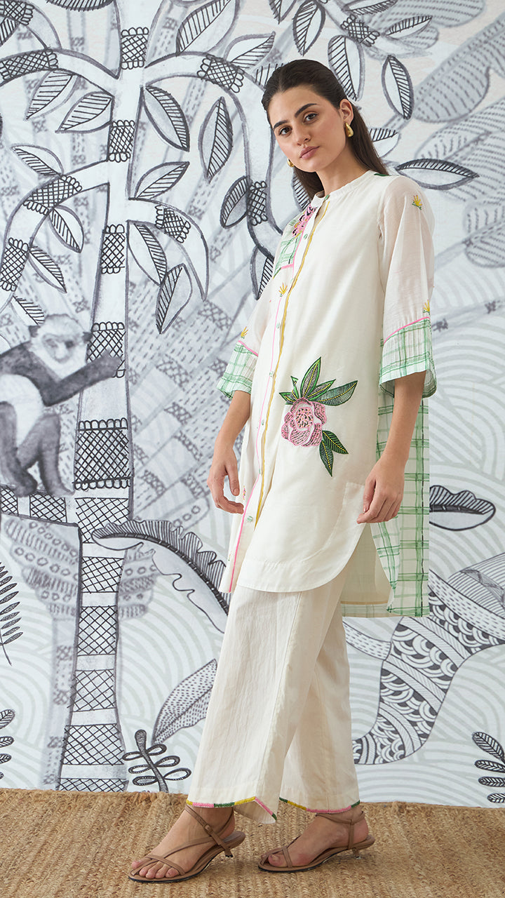 GREEN CHECK EMBEROIDERY SHORT TUNIC AND PANTS