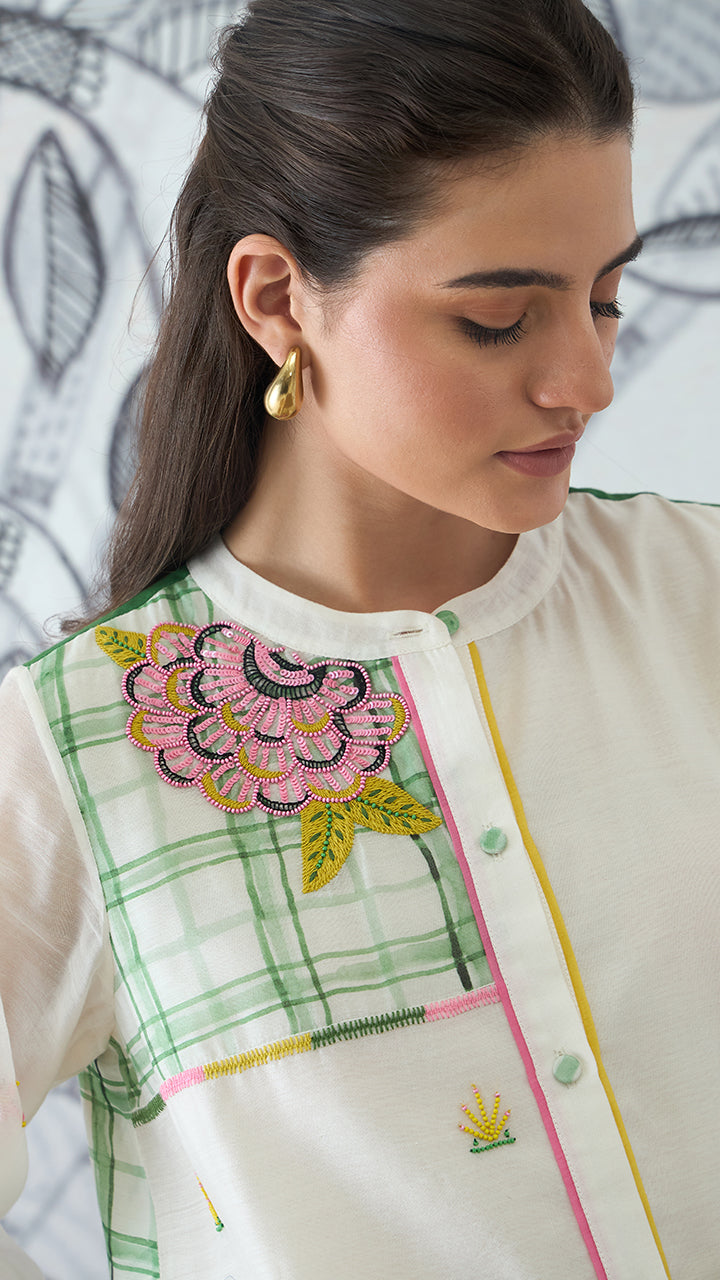 GREEN CHECK EMBEROIDERY SHORT TUNIC AND PANTS