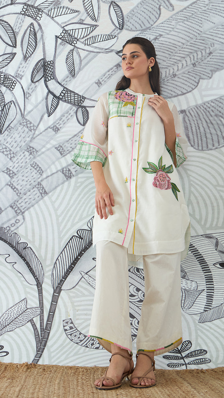 GREEN CHECK EMBEROIDERY SHORT TUNIC