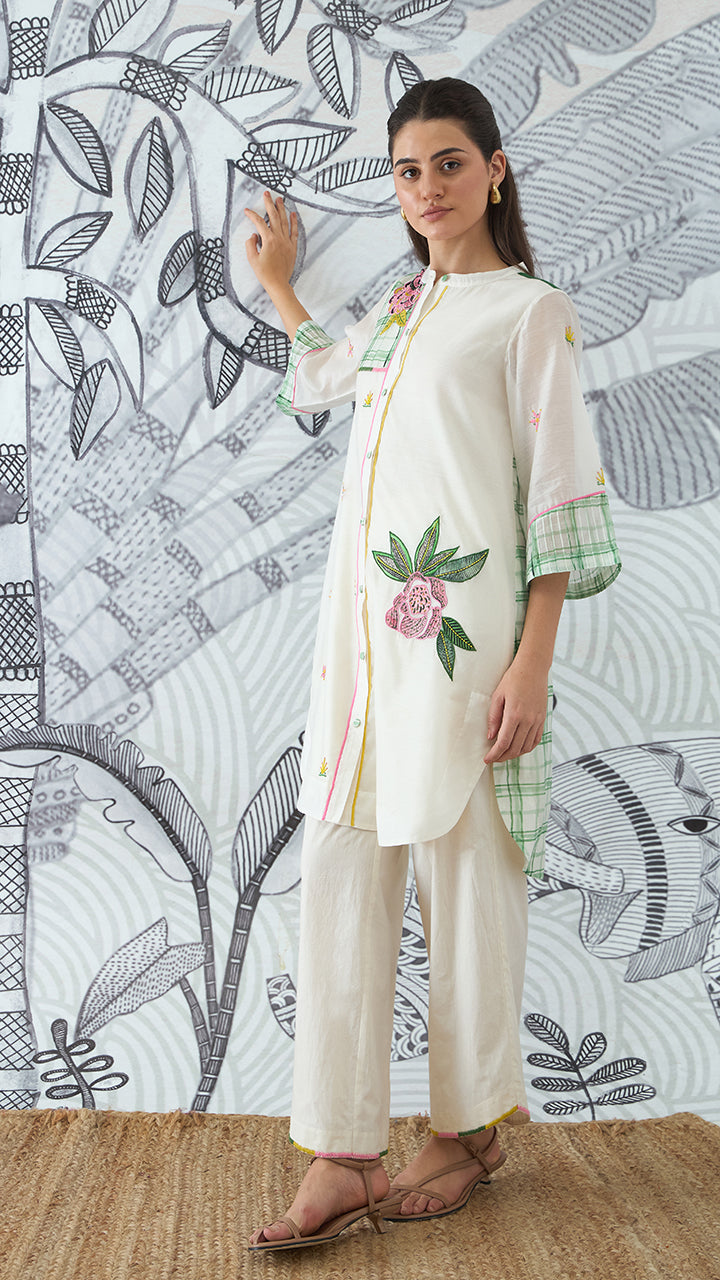 GREEN CHECK EMBEROIDERY SHORT TUNIC AND PANTS