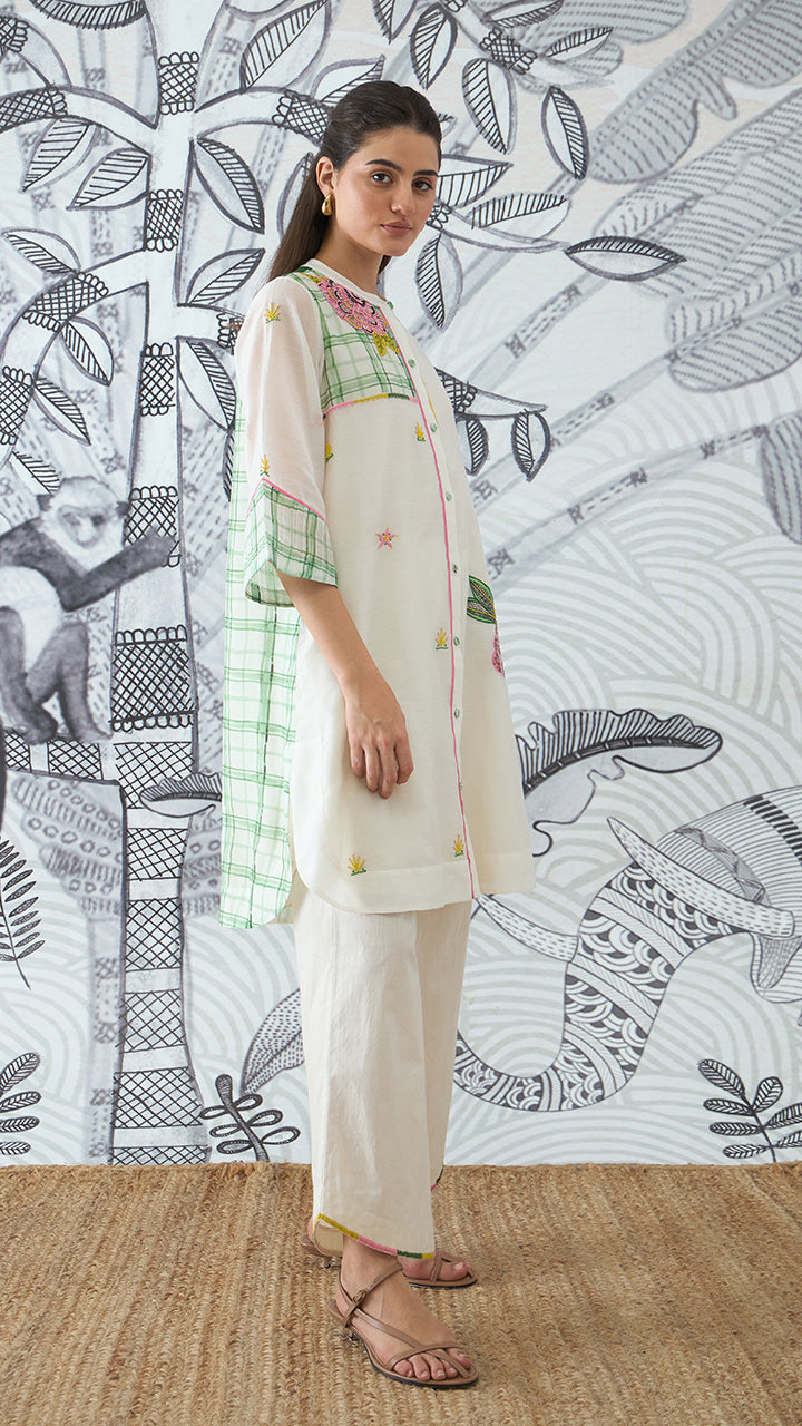 GREEN CHECK EMBEROIDERY SHORT TUNIC