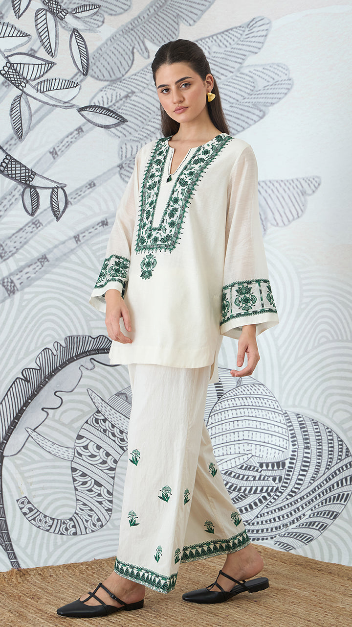 GREEN YOKE EMBROIDERY SHORT TUNIC