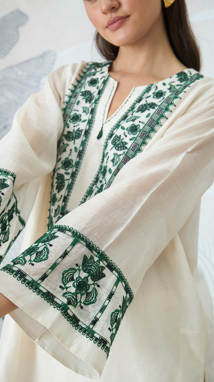 GREEN YOKE EMBROIDERY SHORT TUNIC