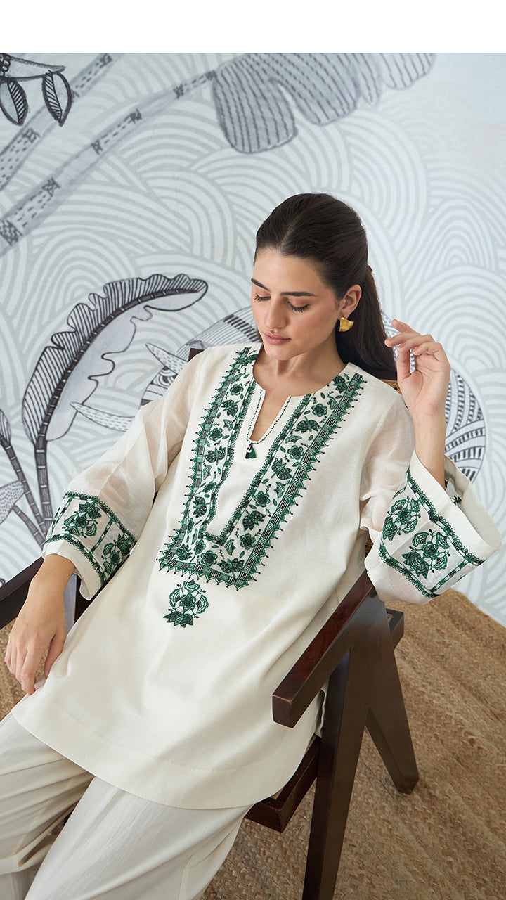 GREEN YOKE EMBROIDERY SHORT TUNIC