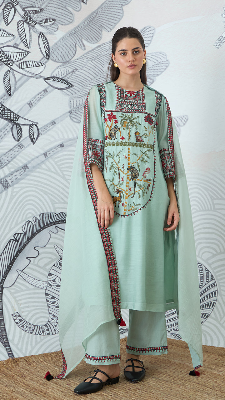 SAGE GREEN EMBROIDERY KURTA SET