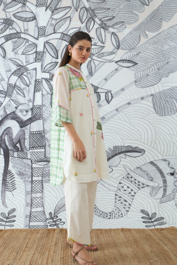 GREEN CHECK EMBEROIDERY SHORT TUNIC AND PANTS