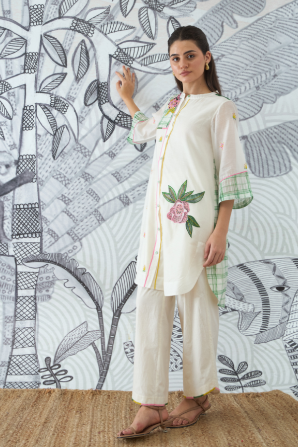 GREEN CHECK EMBEROIDERY SHORT TUNIC AND PANTS