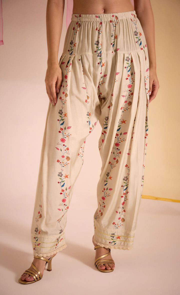 SAMAHAR: Ivory Chintz Cotton Silk Farsi Salwar