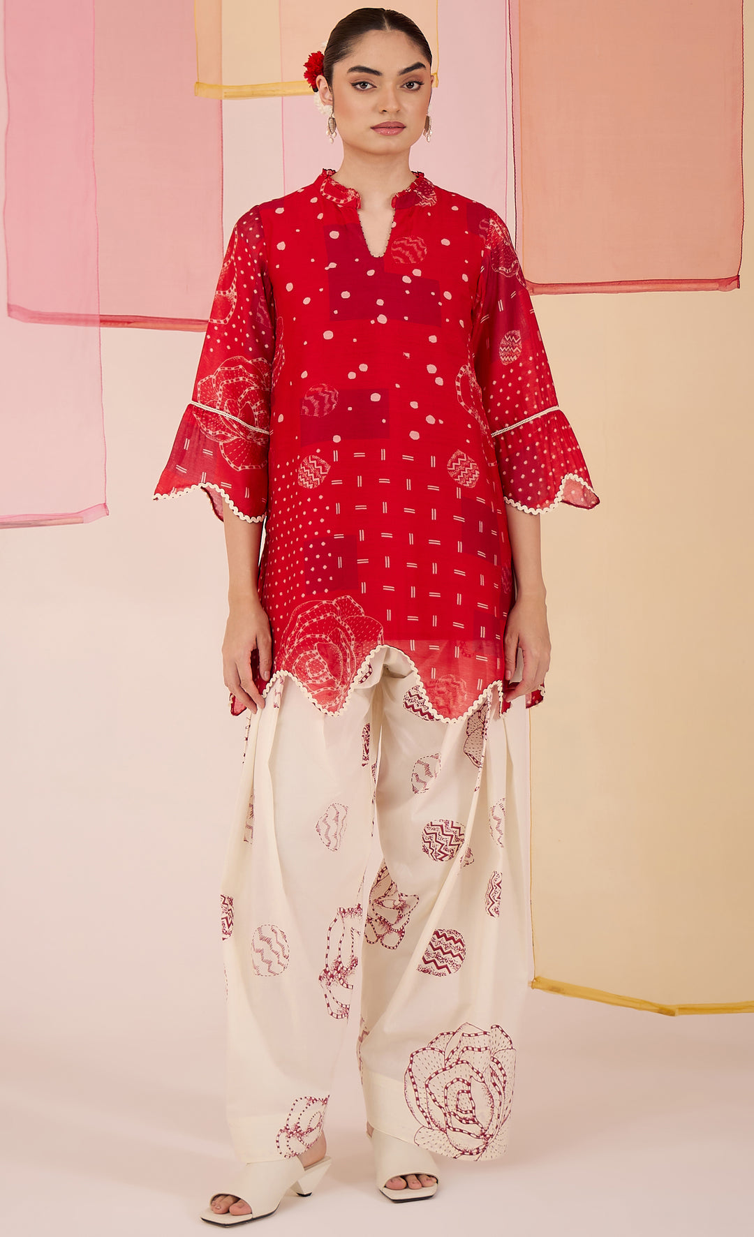 SAMAHAR: Red Short Scallop Co-ord Set