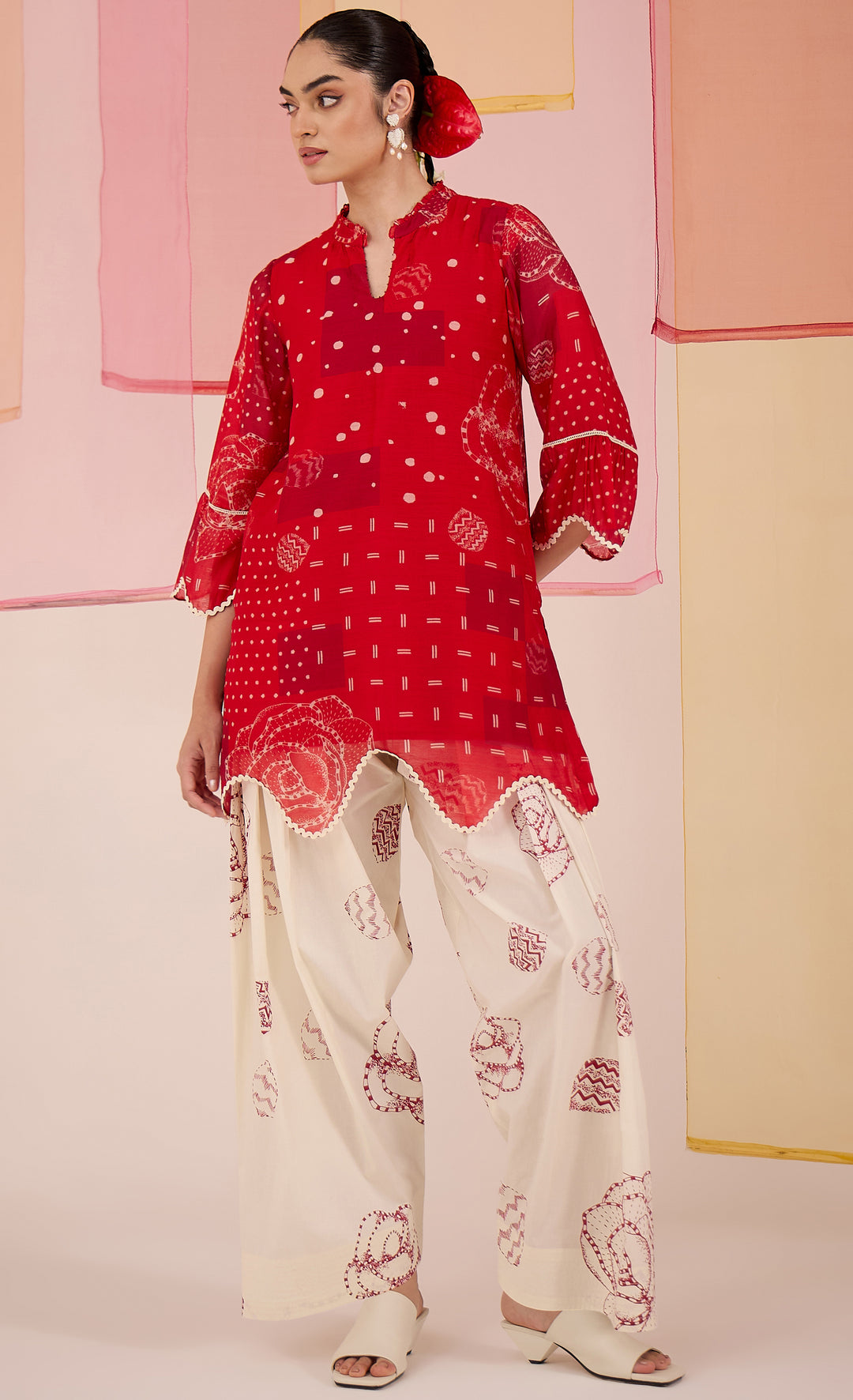 SAMAHAR: Red Short Scallop Co-ord Set