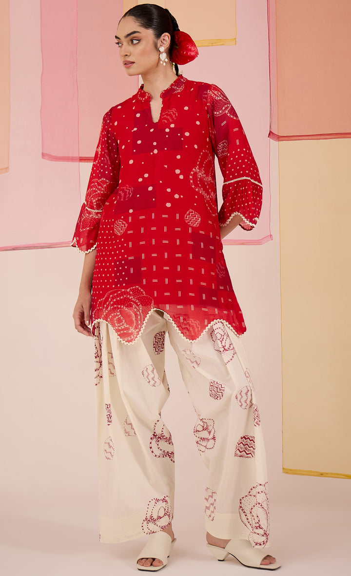 SAMAHAR: Red Short Scallop Co-ord Set