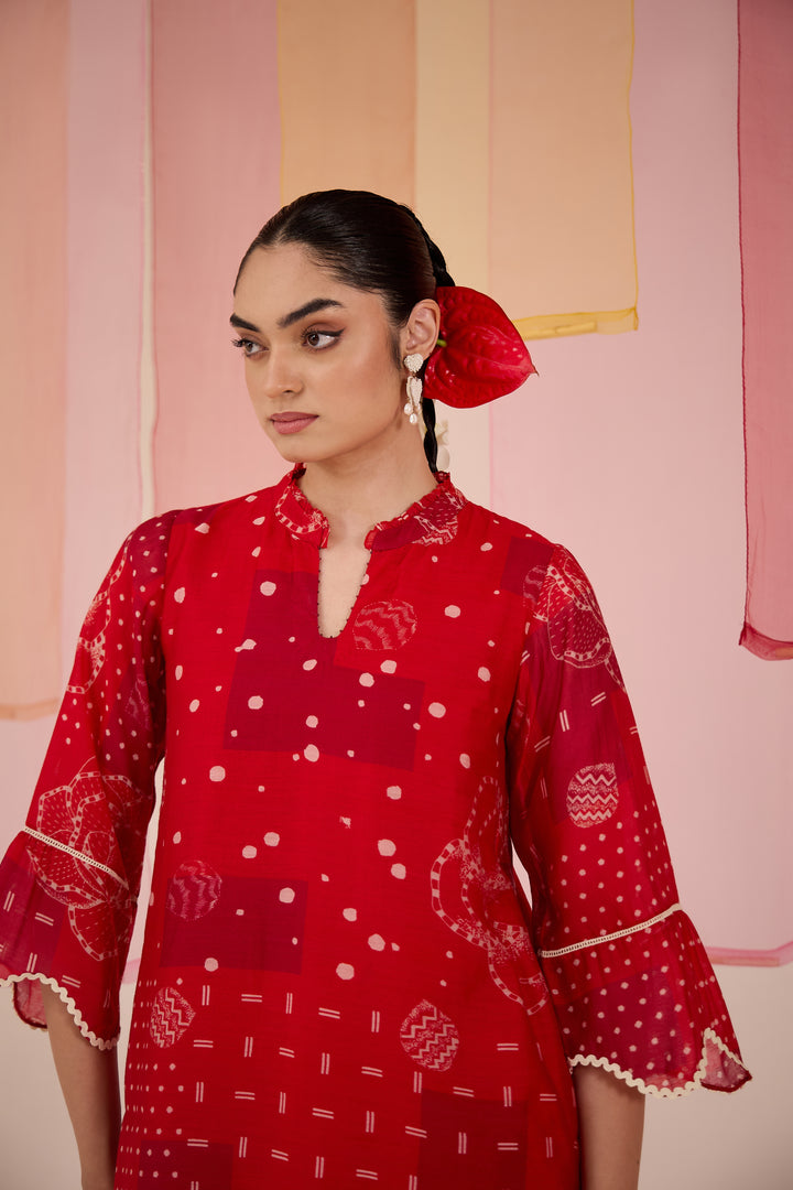 SAMAHAR: Red Short Scallop Tunic