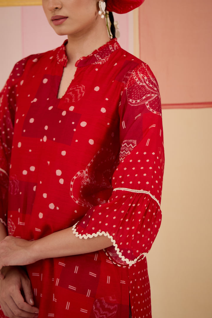 SAMAHAR: Red Short Scallop Tunic