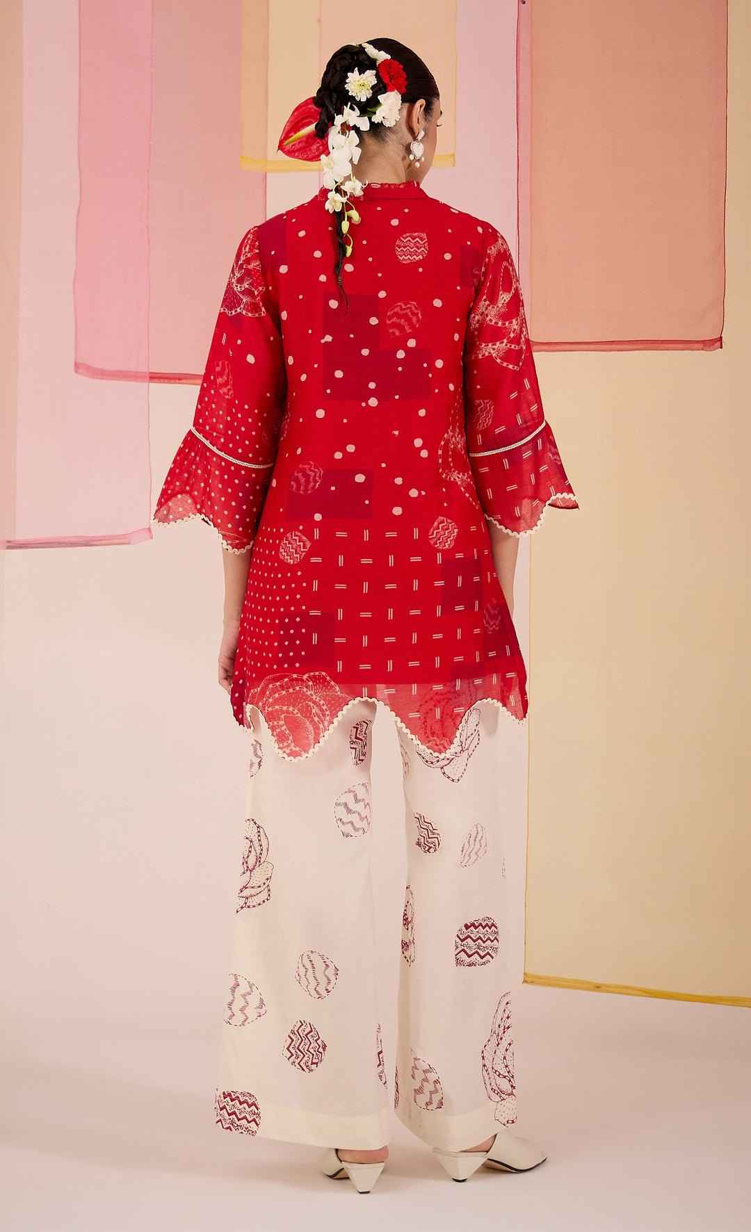 SAMAHAR: Red Short Scallop Kurta with Wide Leg Pants
