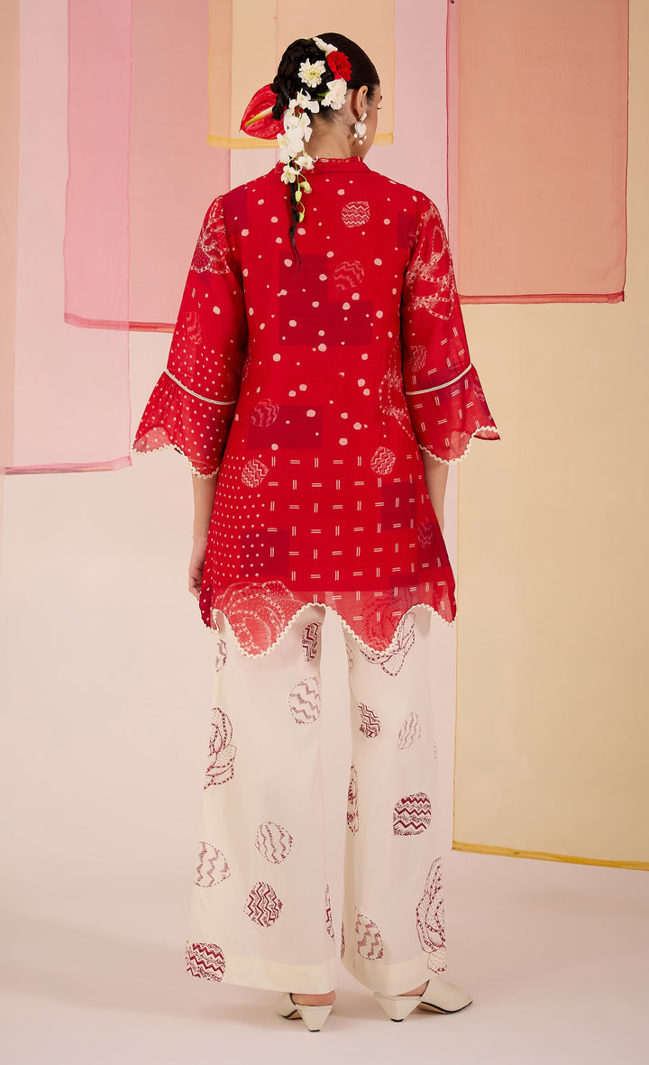 SAMAHAR: Red Short Scallop Kurta with Wide Leg Pants