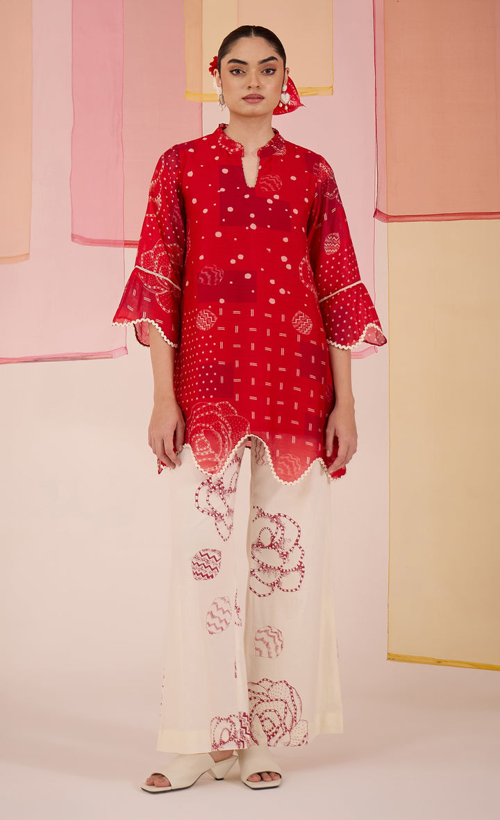 SAMAHAR: Red Short Scallop Kurta with Wide Leg Pants