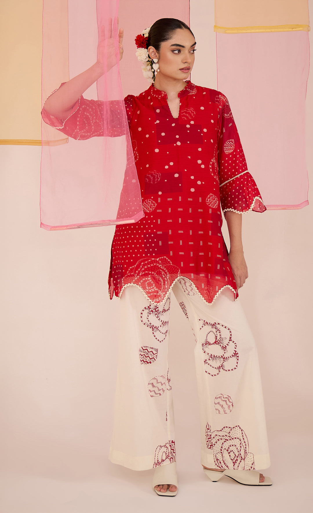 SAMAHAR: Red Short Scallop Kurta with Wide Leg Pants