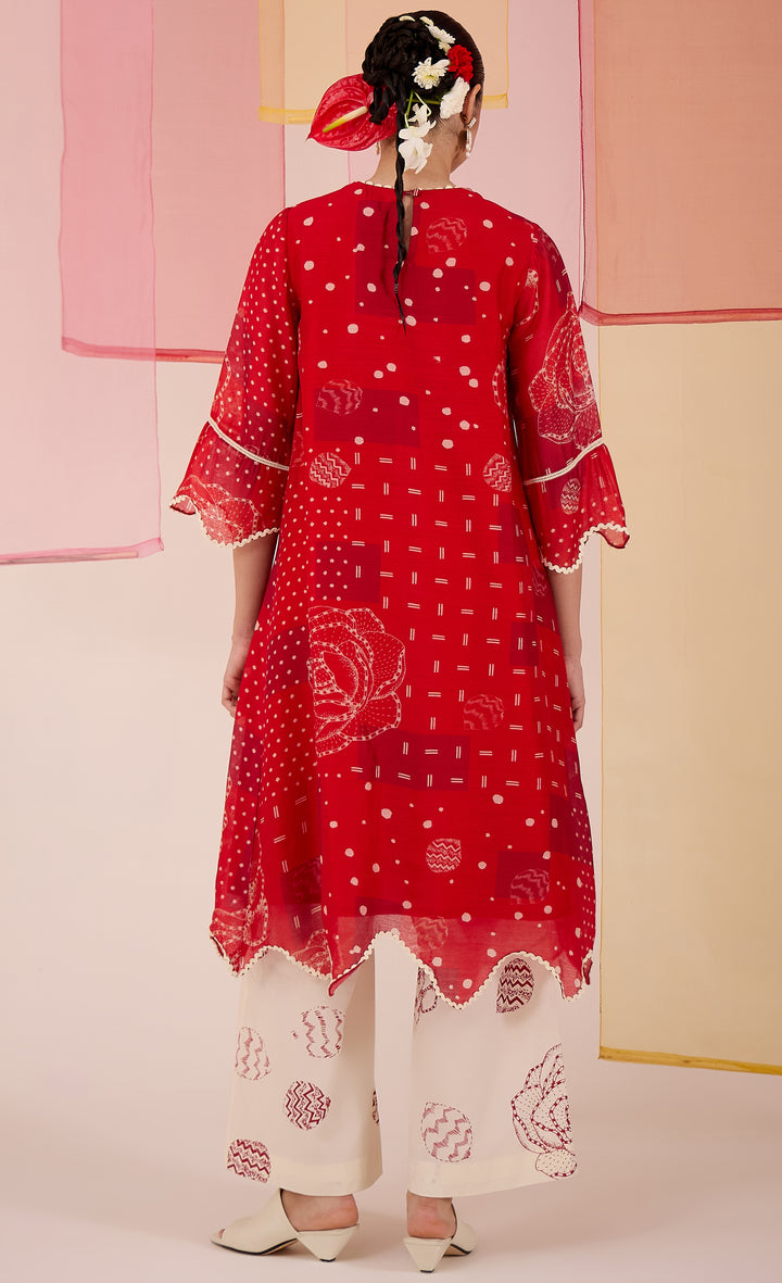 SAMAHAR: Red Cotton Silk Scallop Kurta Set
