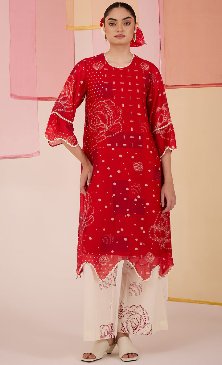 SAMAHAR: Red Cotton Silk Scallop Kurta Set