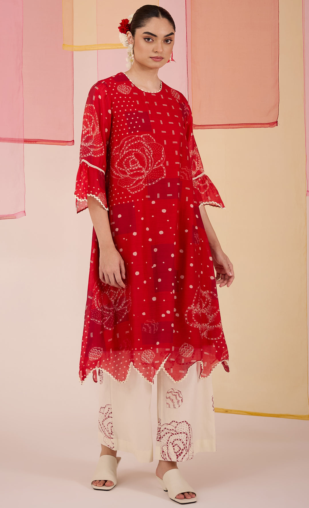 SAMAHAR: Red Cotton Silk Scallop Kurta Set