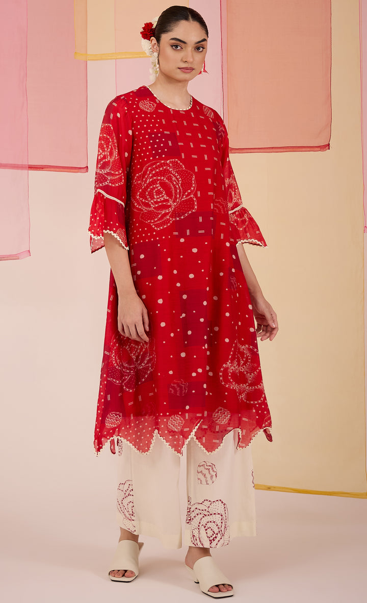 SAMAHAR: Red Cotton Silk Scallop Kurta Set