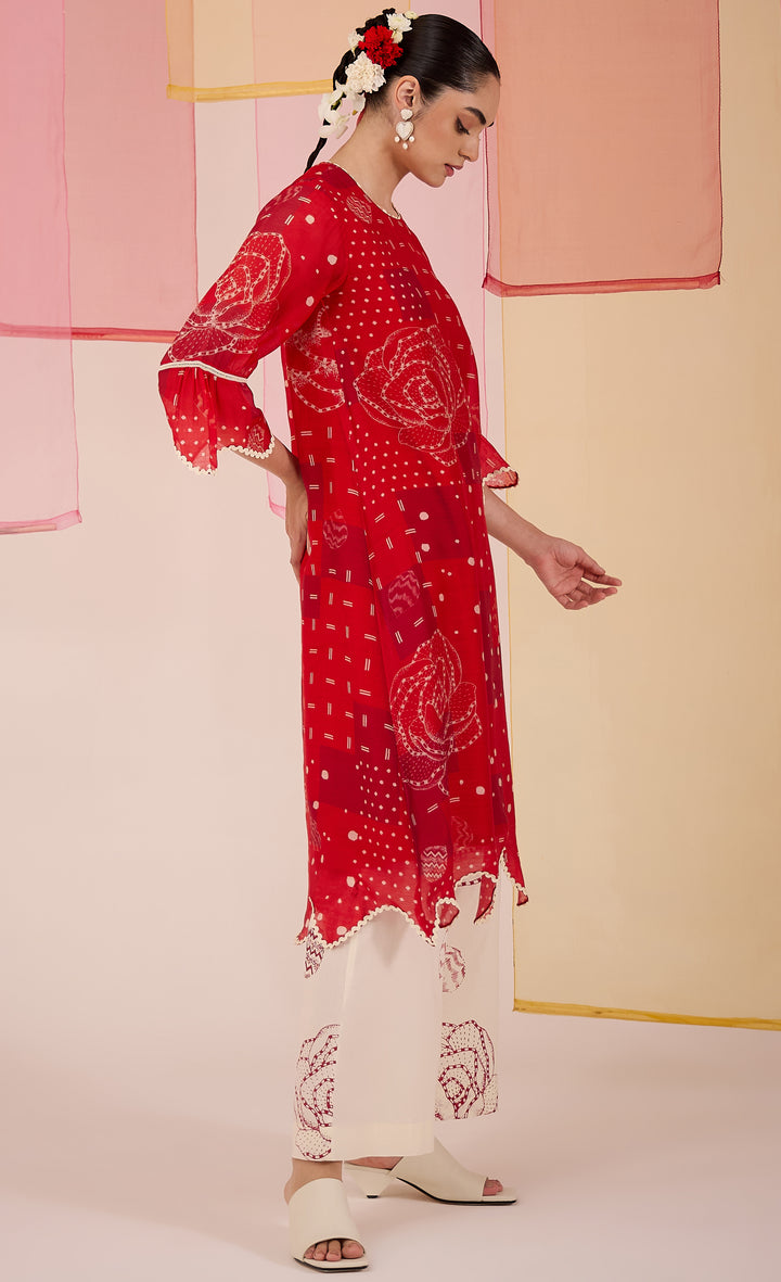 SAMAHAR: Red Cotton Silk Scallop Kurta Set
