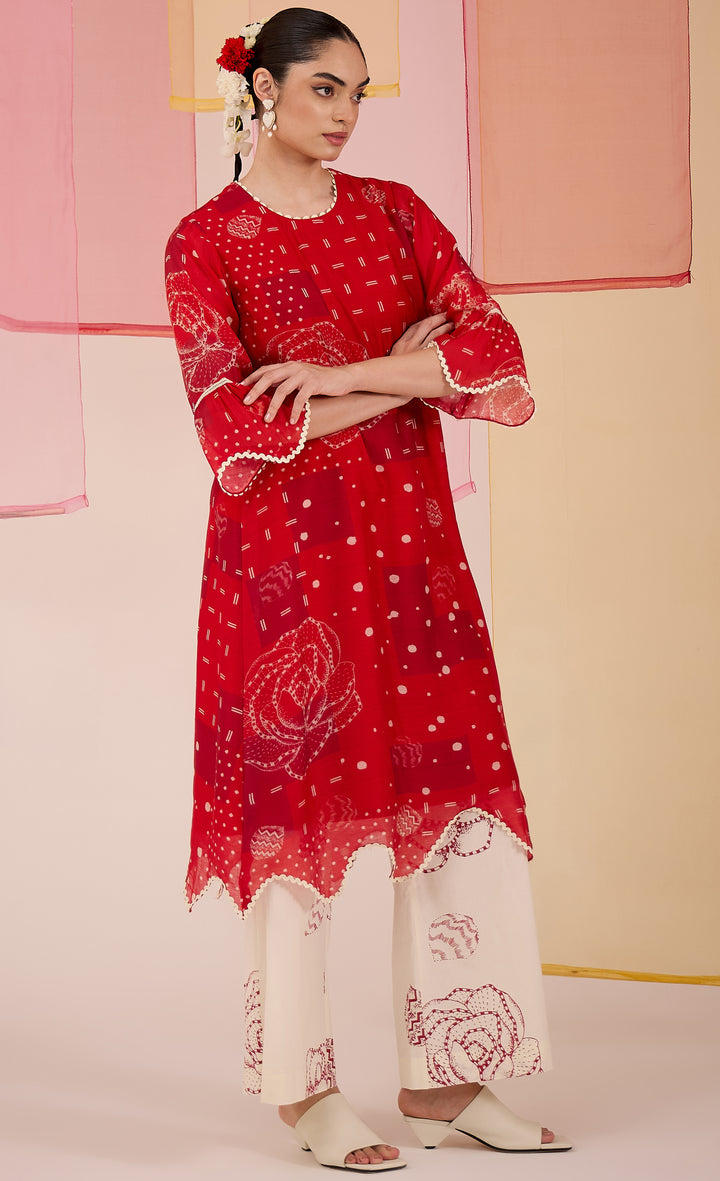 SAMAHAR: Red Cotton Silk Long Scallop Kurta