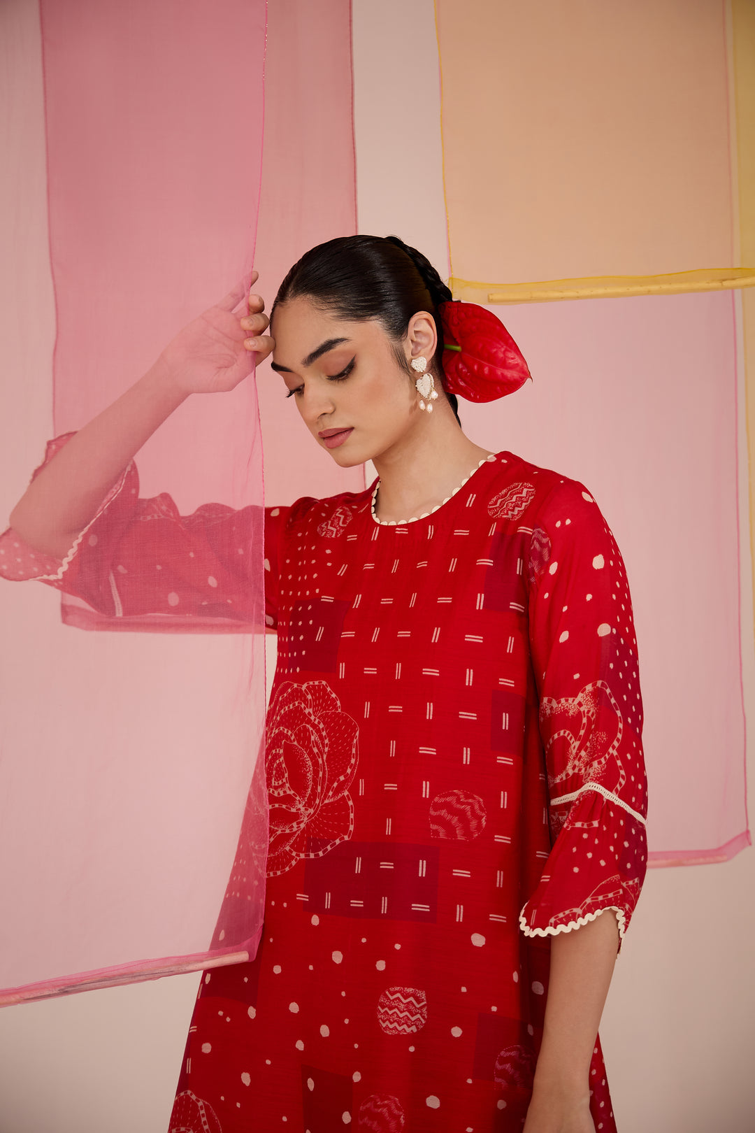 SAMAHAR: Red Cotton Silk Long Scallop Kurta