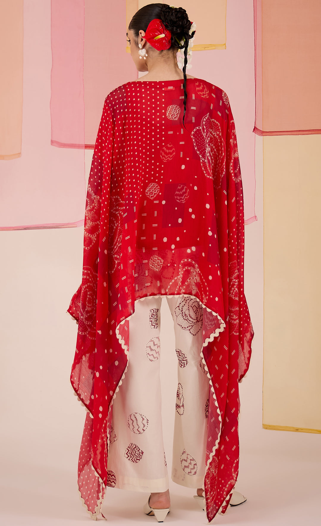 SAMAHAR: Red Cotton Silk Cape Set