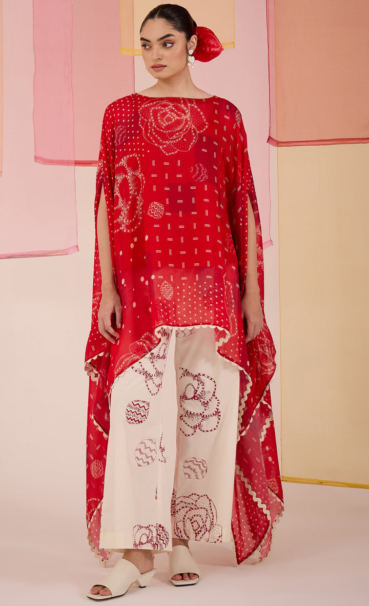 SAMAHAR: Red Cotton Silk Cape Set