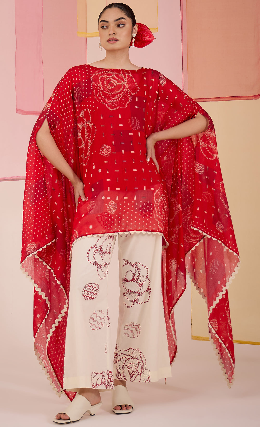 SAMAHAR: Red Cotton Silk Cape Set