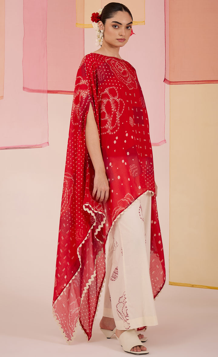 SAMAHAR: Red Cotton Silk Cape Set