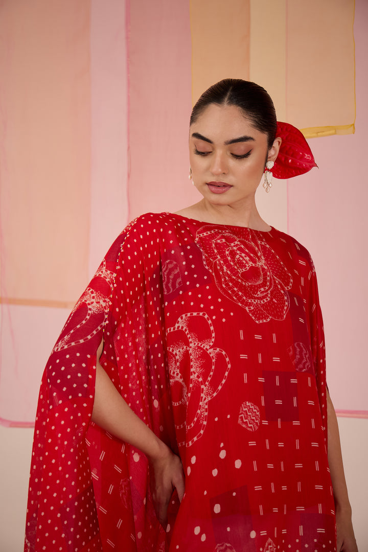 SAMAHAR: Red Cotton Silk Cape