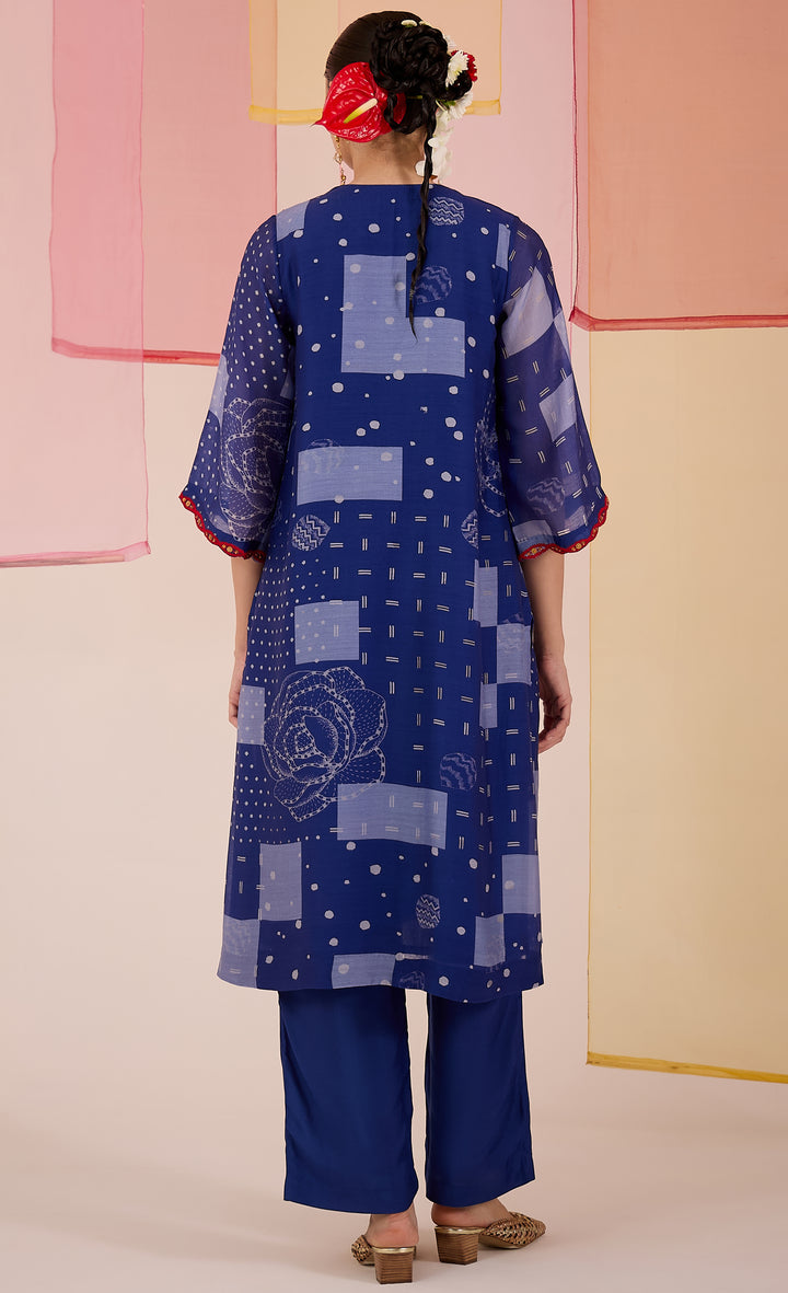 SAMAHAR: Blue Festive Cotton Silk Kurta Set