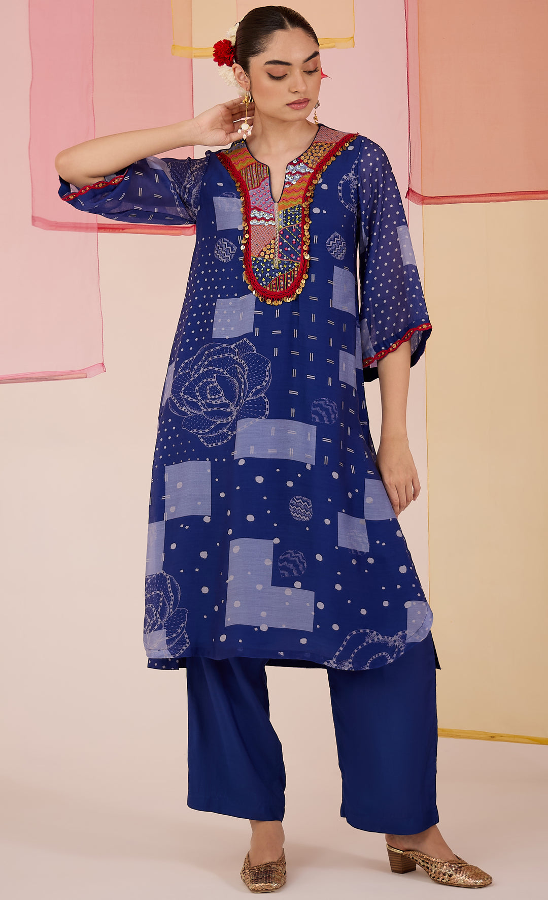 SAMAHAR: Blue Festive Cotton Silk Kurta Set